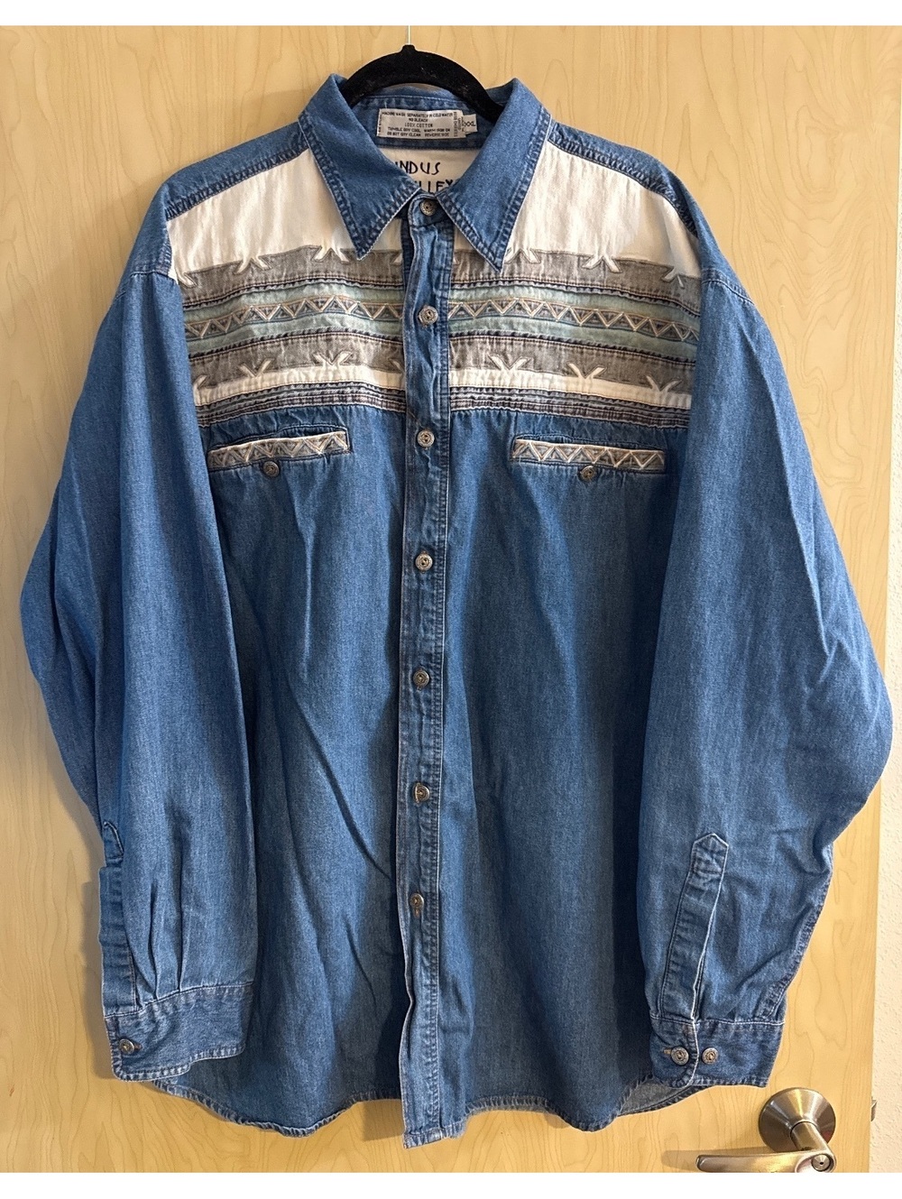 90s Indus Valley denim Western button-up shirt color block white and denim XXL
